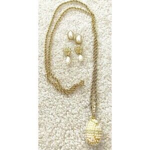 Beaded Egg Necklace & Earring Set Faux Pearl Gold Rhinestone Richelieu 90s Y2K